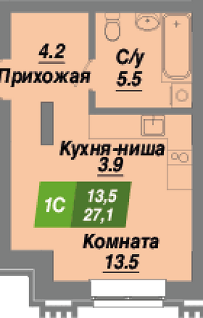 Планировка 1-комн 27,1 м²