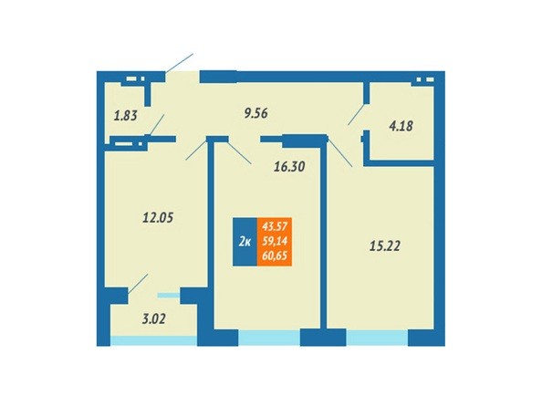 Планировка 2-комнатной квартиры 59,14 кв.м