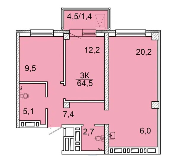 Планировка 3-комн 63,7 - 64,5 м²