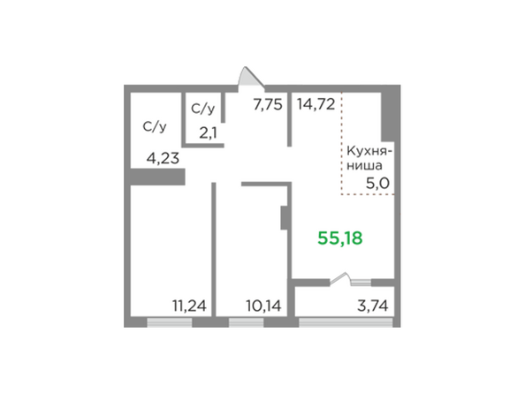 Планировка трехкомнатной квартиры 55,18 кв.м