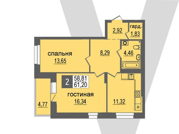 Планировка 2-комнатной 61,2 кв.м