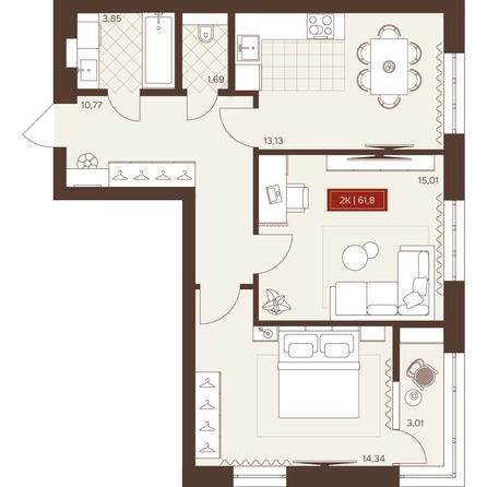 Планировка 2-комн 61,72 м²