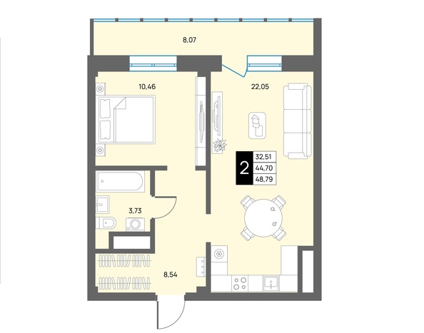 Планировка 2-комн 48,79 м²