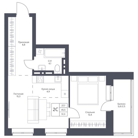 Планировка 1-комн 51,3, 51,6 м²