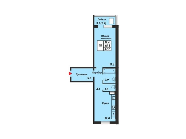 Планировка 1-комнатной квартиры 47,7 кв.м