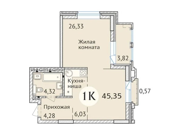 Планировка 1-комн 44,78 - 45,35 м²