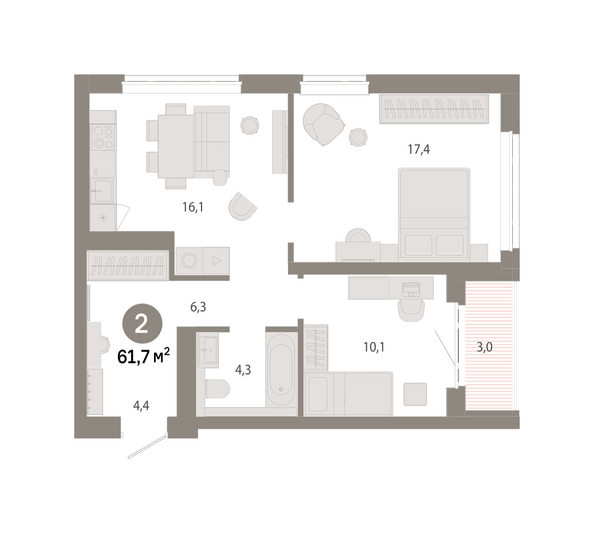 Планировка 2-комн 61,67 - 61,84 м²