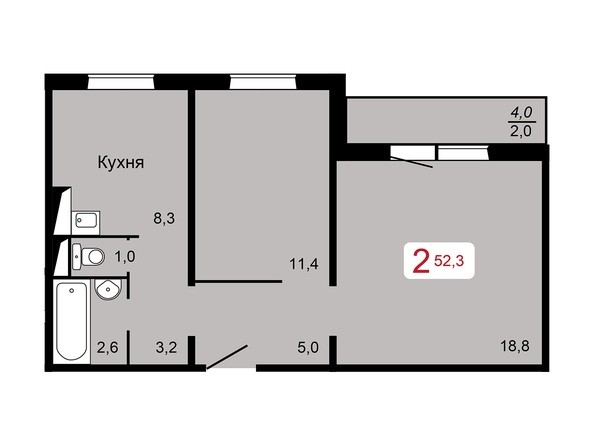 2-комнатная 52,3 кв.м