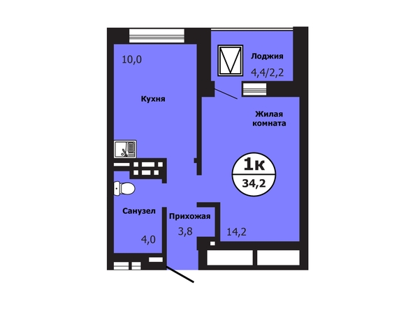 Планировка 1-комн 34,2 м²