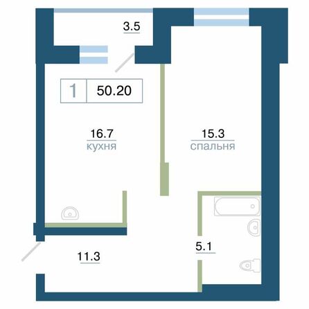 Планировка 1-комн 50 - 50,5 м²