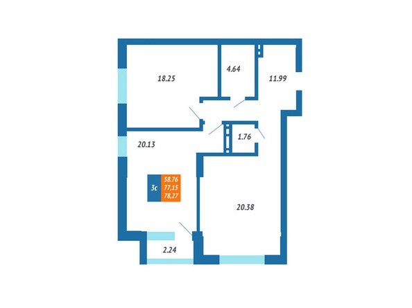 Планировка 2-комнатной квартиры 77,15 кв.м