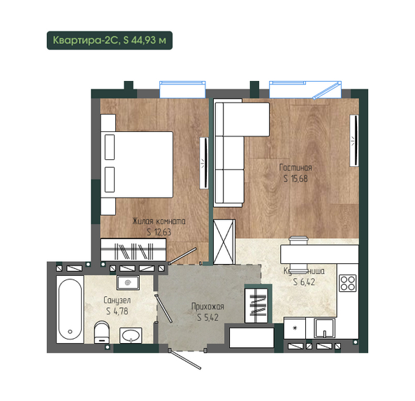 Планировка 2-комн 44,93 м²