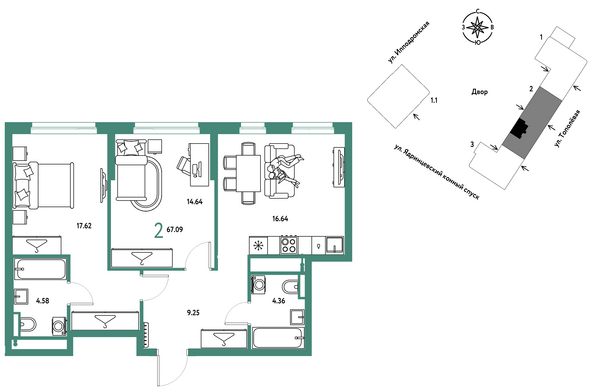 Планировка 2-комн 67,09 м²
