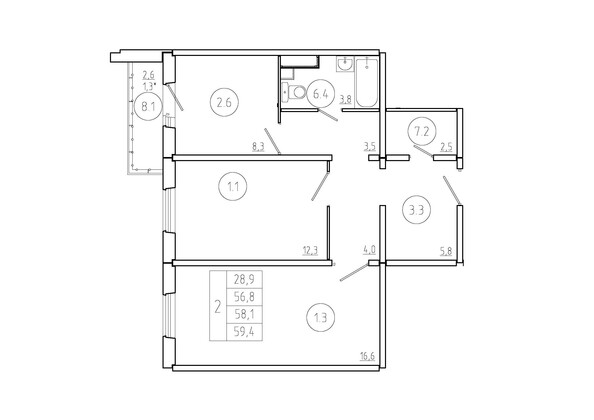 Планировка 2-комн 58,1 м²