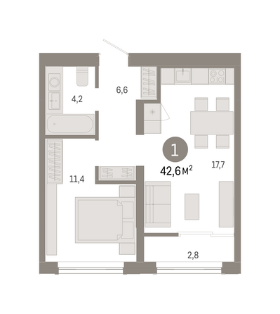 Планировка 1-комн 42,63, 42,79 м²