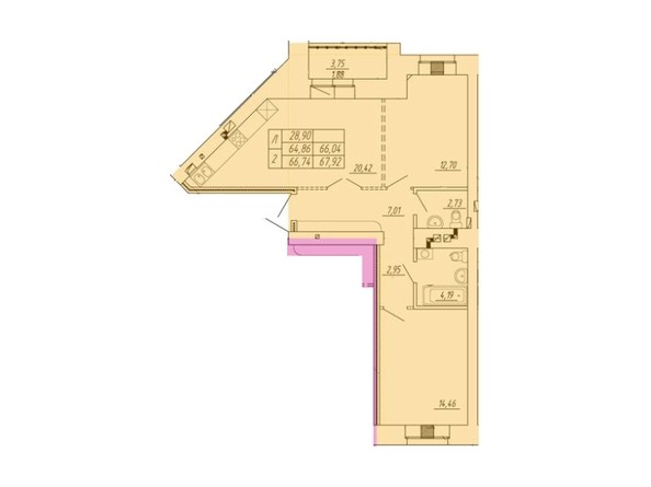 Планировка 2-комнатной квартиры 67,92 кв.м