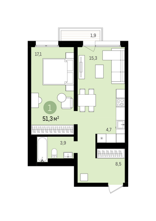 Планировка 1-комн 51,27, 51,59 м²