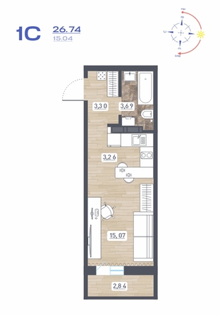 Планировка Студия 26,74, 26,79 м²