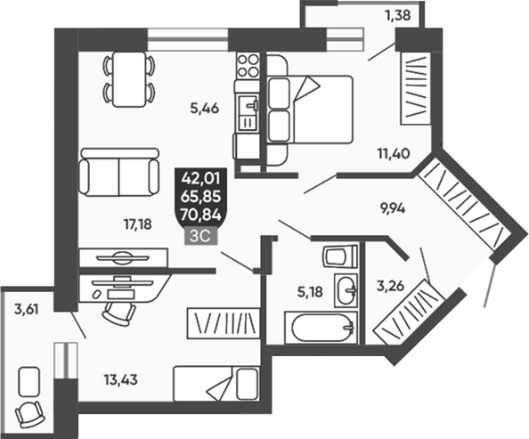 Планировка 2-комн 65,85, 65,93 м²