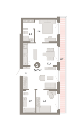 Планировка 2-комн 74,7 м²