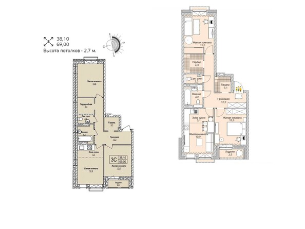 Планировка трехкомнатной квартиры 69 кв.м