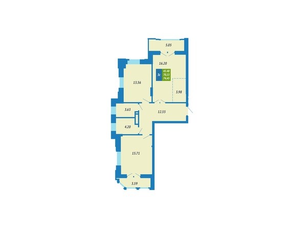 Планировка 3-комнатной квартиры 74,45 кв.м