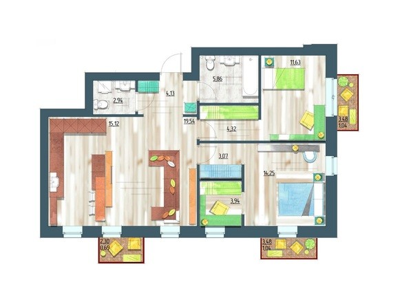 Планировка трехкомнатной квартиры 87,48 кв.м