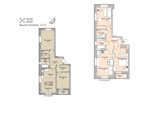 Планировка трехкомнатной квартиры 69,8 кв.м