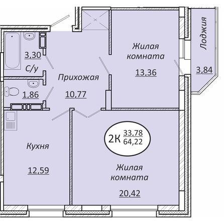 Планировка 2-комн 64,22, 64,27 м²