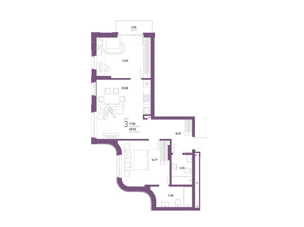 Планировка 3-комн 68,96, 71,86 м²