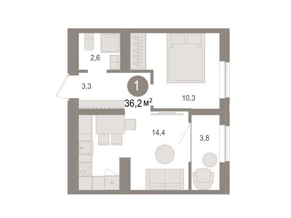 Планировка 1-комн 36,2 - 36,61 м²