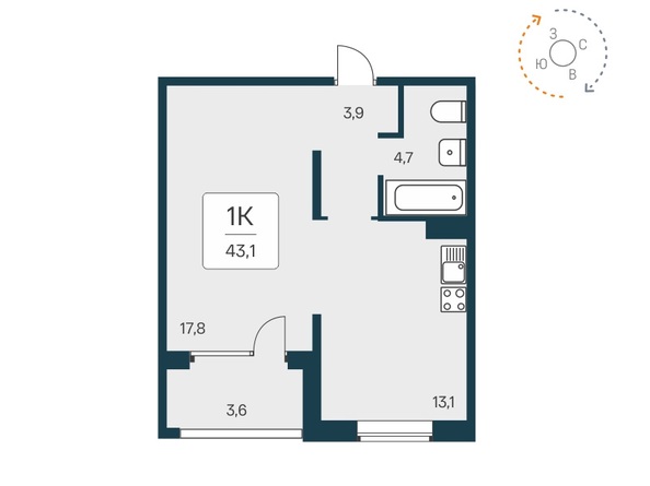 Планировка 1-комн 43,1 м²