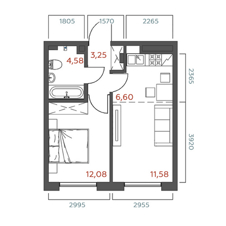Планировка 1-комн 38,09 м²