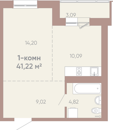 Планировка 1-комн 41,22 м²