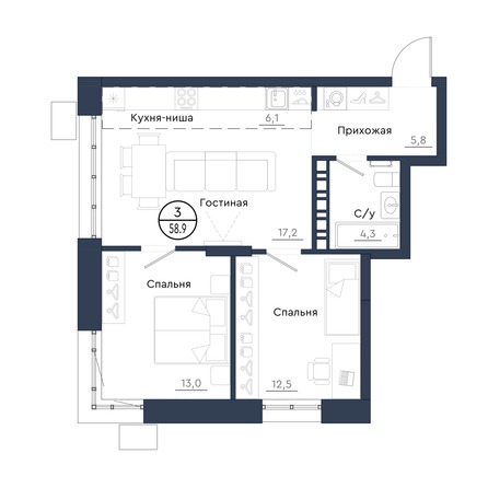 Планировка 3-комн 58,9 м²