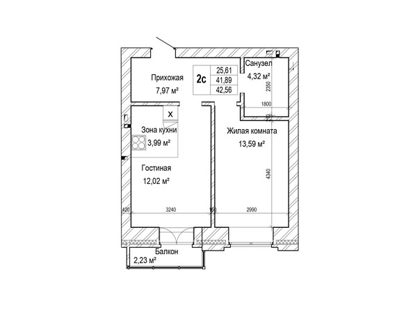Планировка двухкомнатной квартиры 42,56 кв.м.