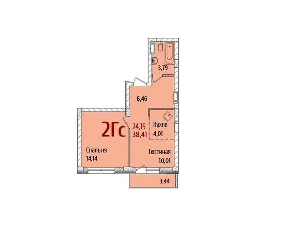 Планировка 2-комнатной квартиры 38,41 кв.м