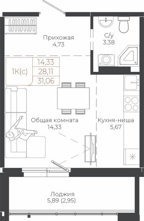 Планировка 1-комн 31,06 м²