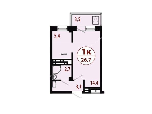 Секция 2. Планировка однокомнатной квартиры 26,7 кв.м