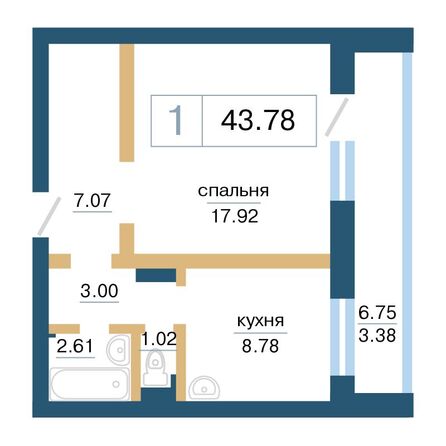 Планировка 1-комн 43,78 м²