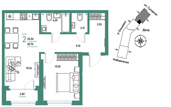 Планировка 2-комн 53,34 - 53,87 м²