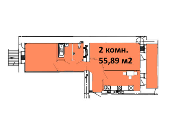 Типовая планировка 2-комнатной квартиры 55,89 кв.м