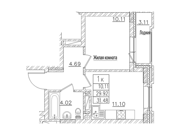 Планировка 1-комн 29,9 м²