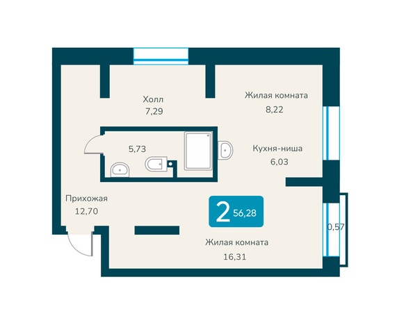 Планировка 1-комн 56,28 м²