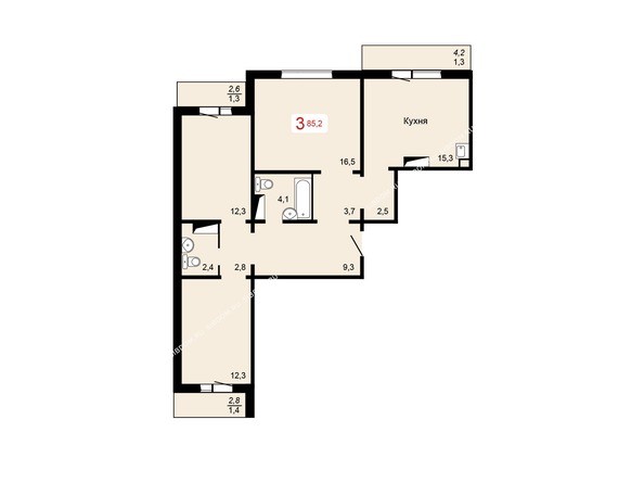 2 блок-секция. Планировка трехкомнатной квартиры 85,2 кв.м