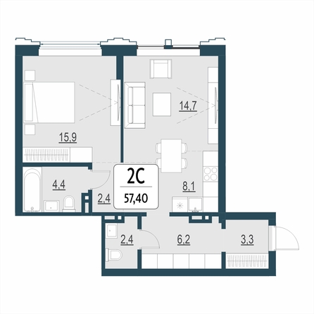 Планировка 2-комн 57,4 м²