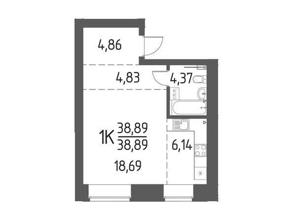 Планировка 1-комн 38,89 м²