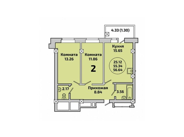 Планировка двухкомнатной квартиры 56,64 кв.м