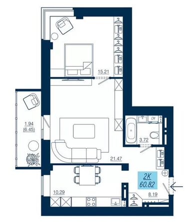 Планировка 2-комн 60,82 м²