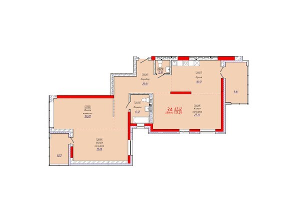 Планировка трехкомнатной квартиры 113,54 кв.м.